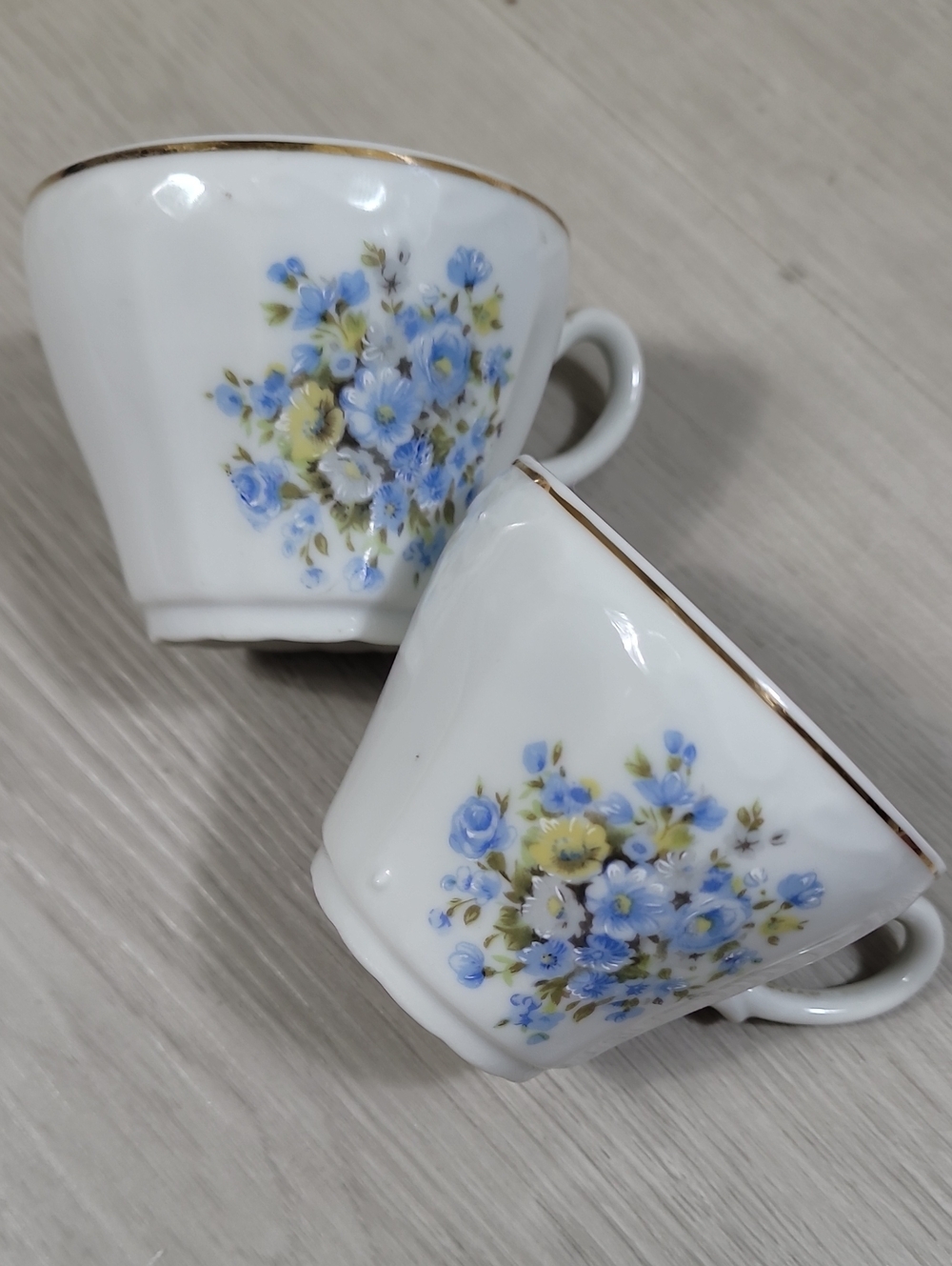 Vintage Floral Teacups Set of 2 Japan Blue Yellow Flowers Tea Party Cottage
